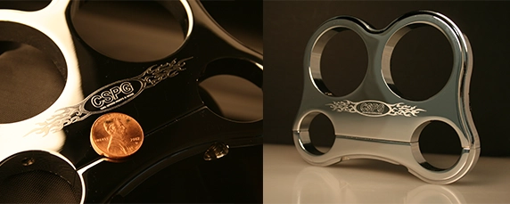 Engraved motorcycle part.